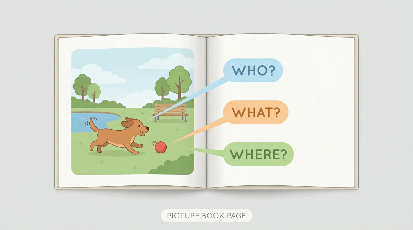 open picture book page with a dog in a park, with simple question bubbles for who, what, and where