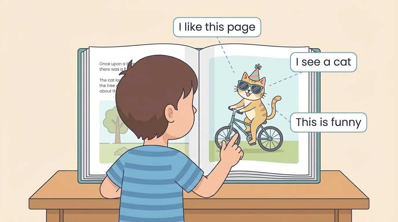 child pointing to a book page and making comments such as I see a cat, I like this page, and This is funny