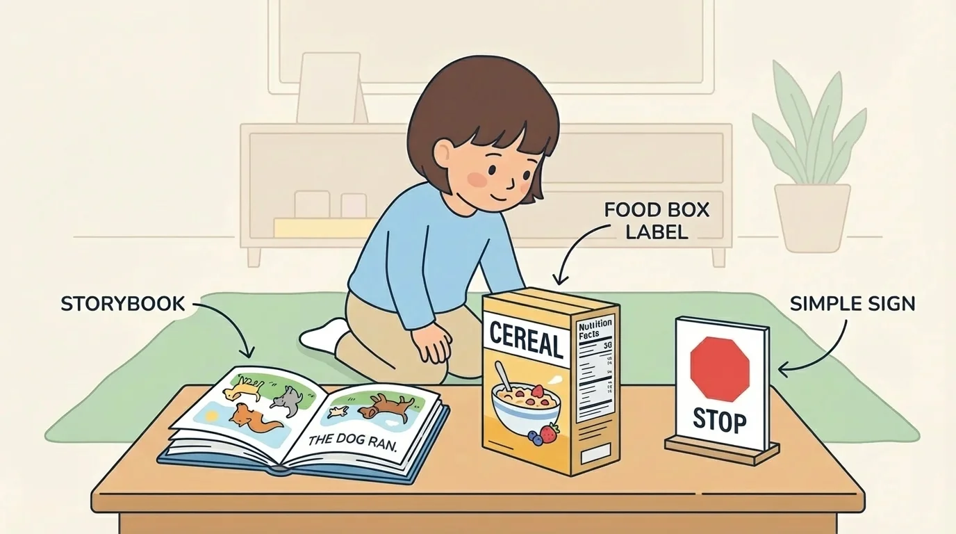 preschool child looking at a storybook, a food box label, and a simple sign, each clearly shown as print material