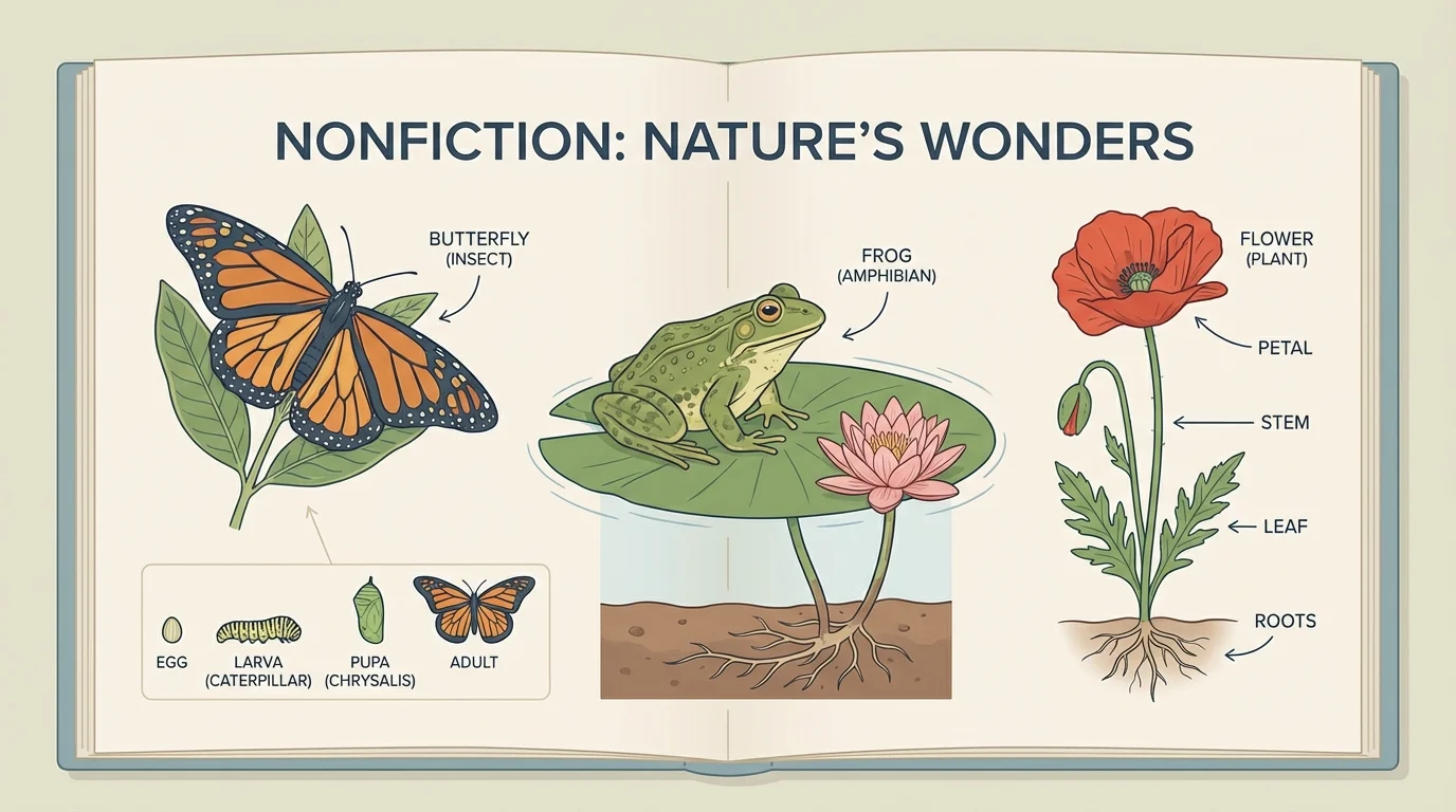 Open nonfiction book page with a butterfly, frog, flower, and simple labels showing real things children can learn about