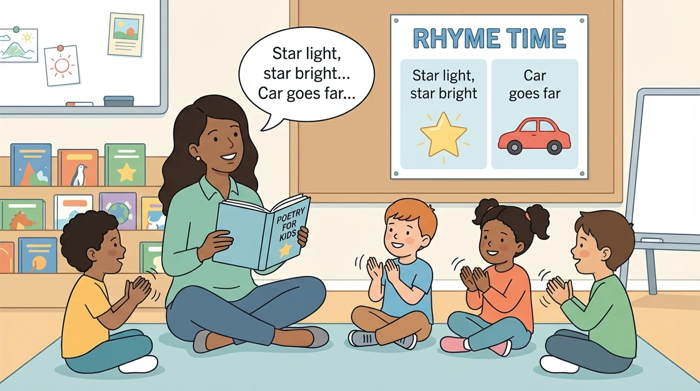 Teacher reading a poem while children clap to the beat, with a poster showing short rhyming lines and pictures of a star and car