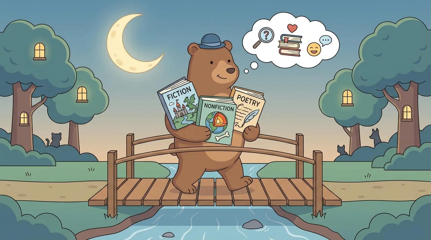 Child-friendly storybook scene of a bear in a hat crossing a bridge with trees and a moon, like a pretend adventure book
