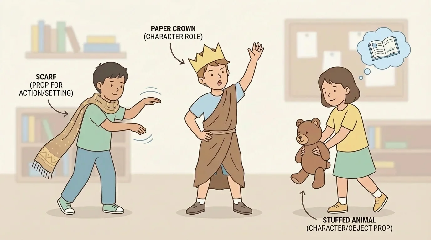 three children acting out a story with a paper crown, scarf, and stuffed animal to show characters and actions