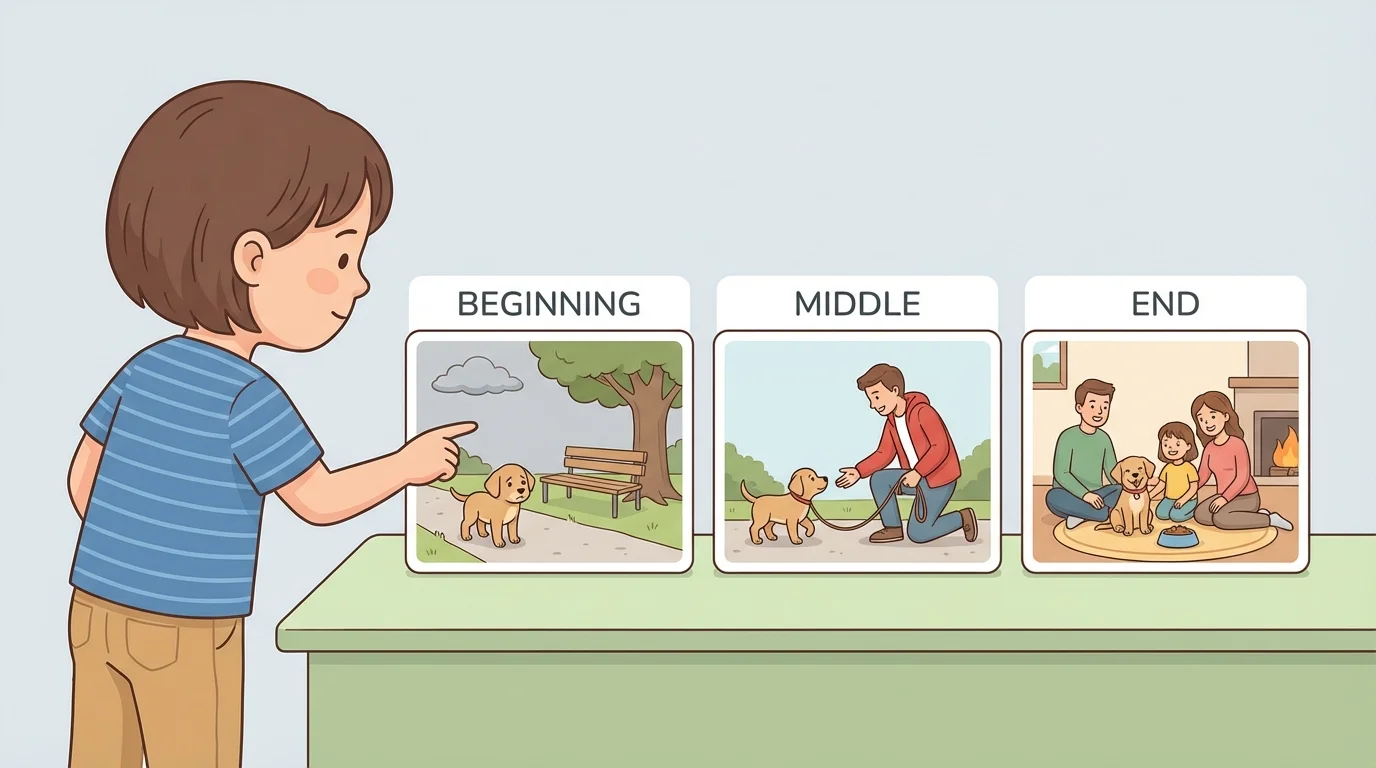child pointing to three picture cards showing beginning, middle, and end of a story about a lost puppy finding home