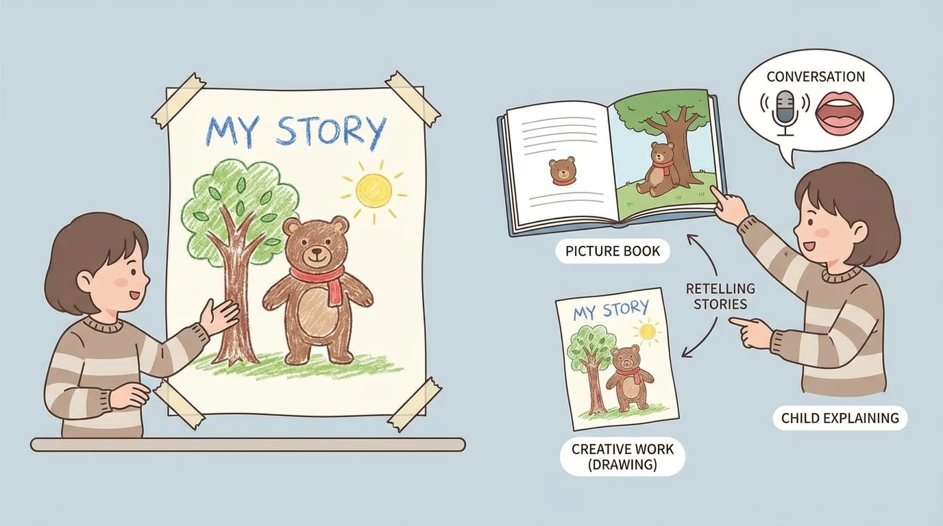 child-made drawing of a bear in a red scarf under a tree with a child explaining the scene from a picture book