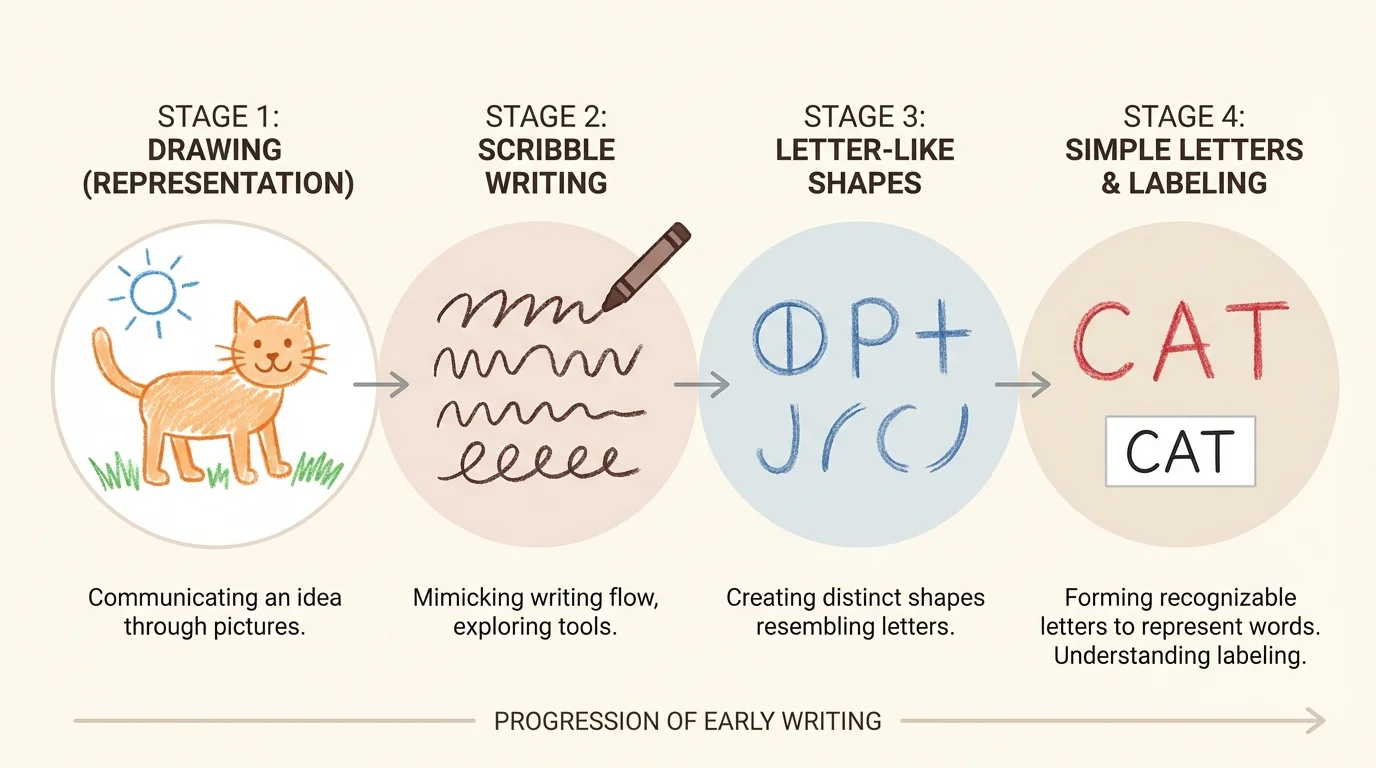 progression from a child drawing a cat, to scribble writing, to letter-like shapes, to simple letters with an adult-written label nearby