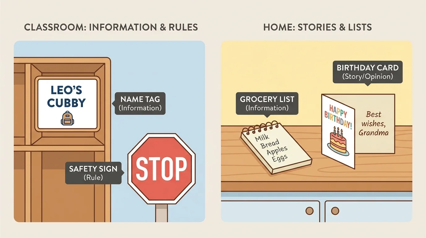 classroom and home examples of writing including a cubby name tag, a stop sign, a short grocery list, and a birthday card