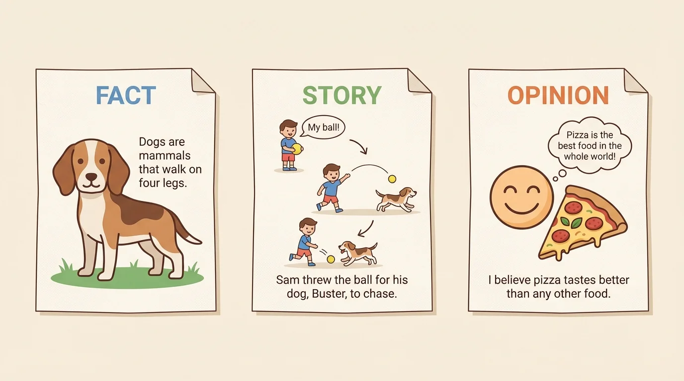 three papers side by side, one showing a fact about a dog, one showing a simple story sequence with a child and ball, one showing an opinion about a favorite food with a happy face