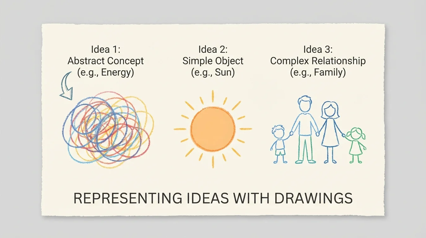 child paper showing a scribble, a circle sun, and a stick-figure family, each representing an idea