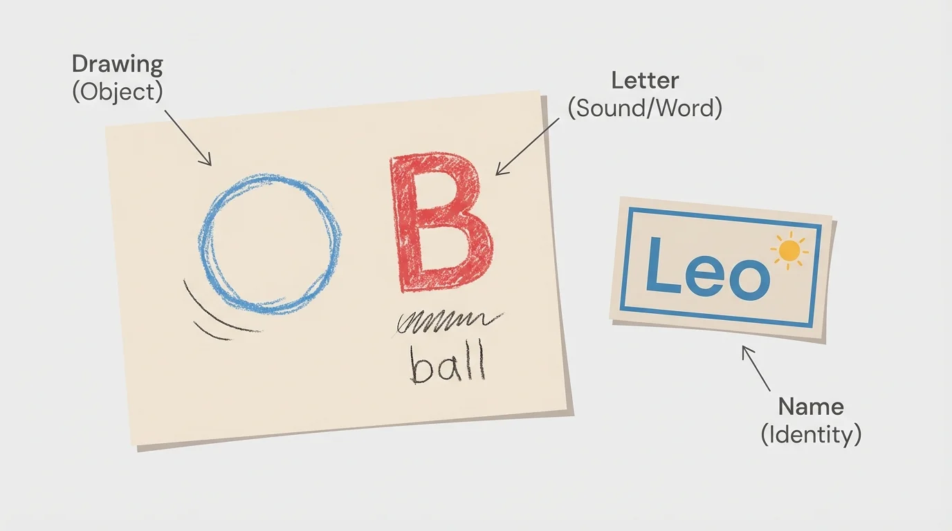 paper with a drawing of a ball and large letter B, plus child name card nearby