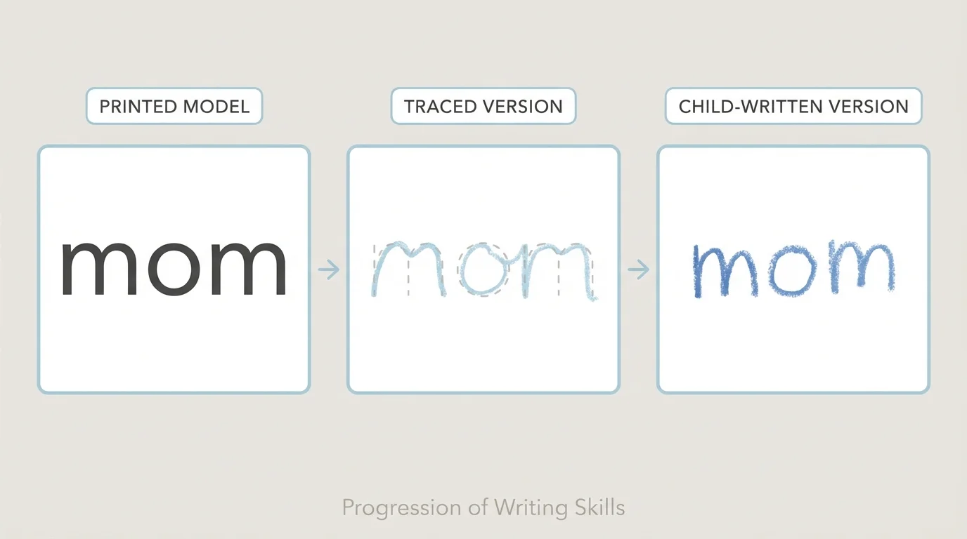 Three side-by-side boxes showing the word mom as printed model, traced version, and child-written version