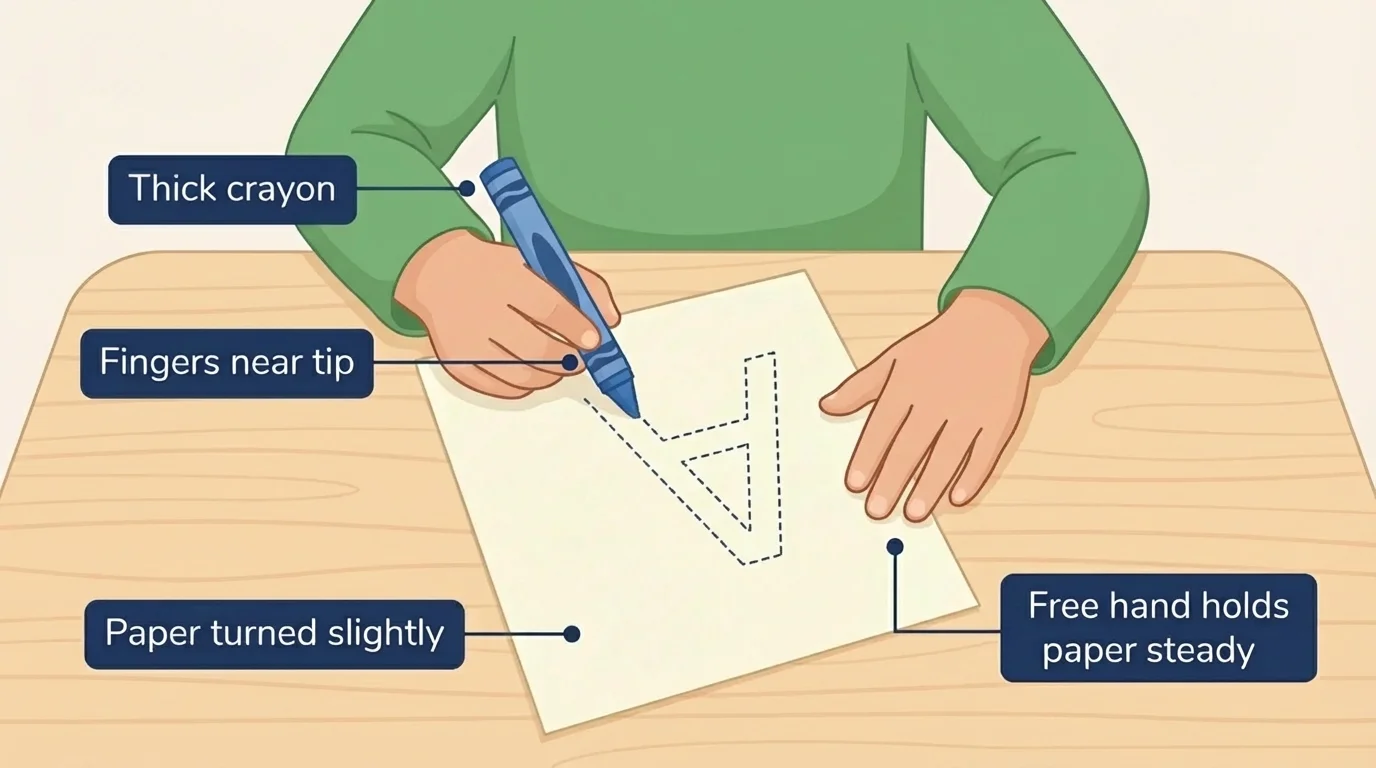Child seated at a table holding a thick crayon with fingers near the tip, paper turned slightly, free hand holding paper steady
