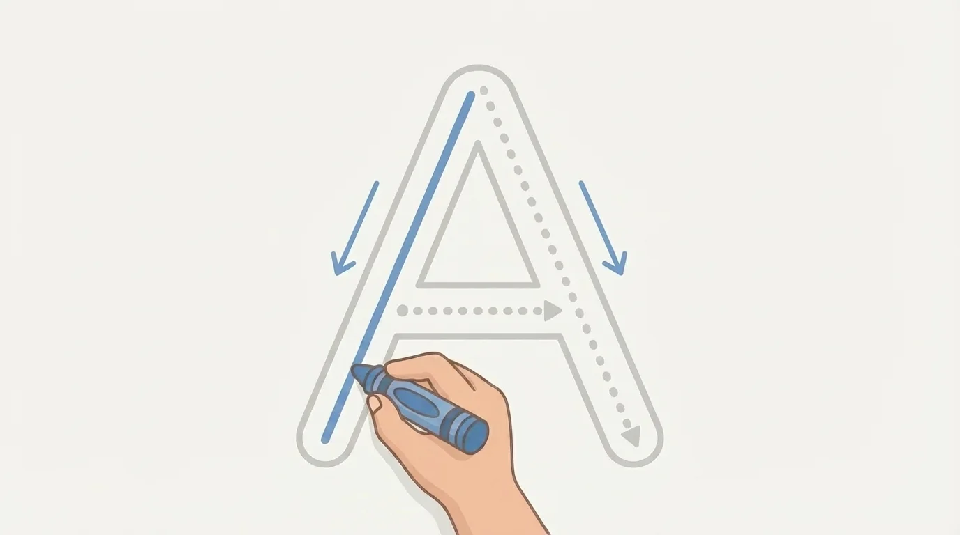 Large uppercase letter A with dotted tracing path and simple start-to-finish arrows, child hand tracing with crayon