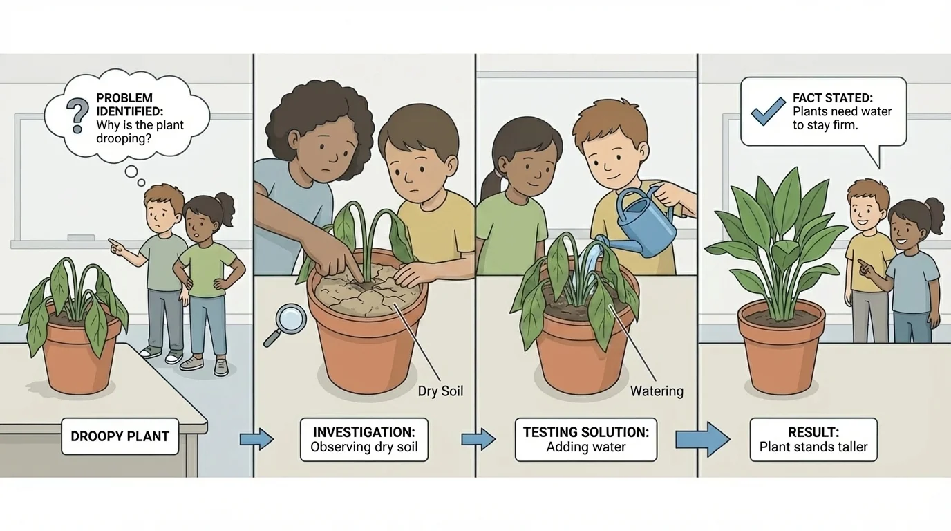 classroom plant investigation with a droopy plant, children touching dry soil, pouring water, and later seeing the plant stand taller