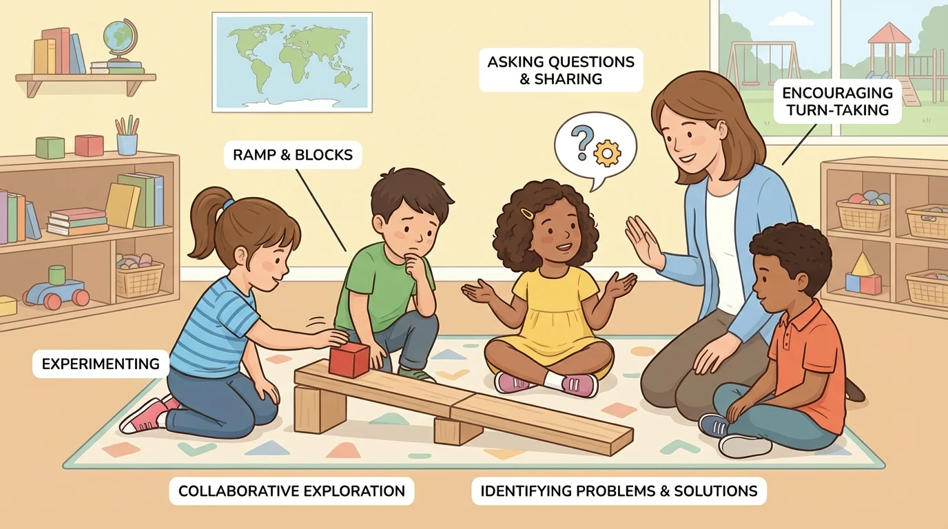 small group of preschool children exploring blocks and a ramp, one child rolling a block, one watching closely, one talking, teacher nearby encouraging turn-taking