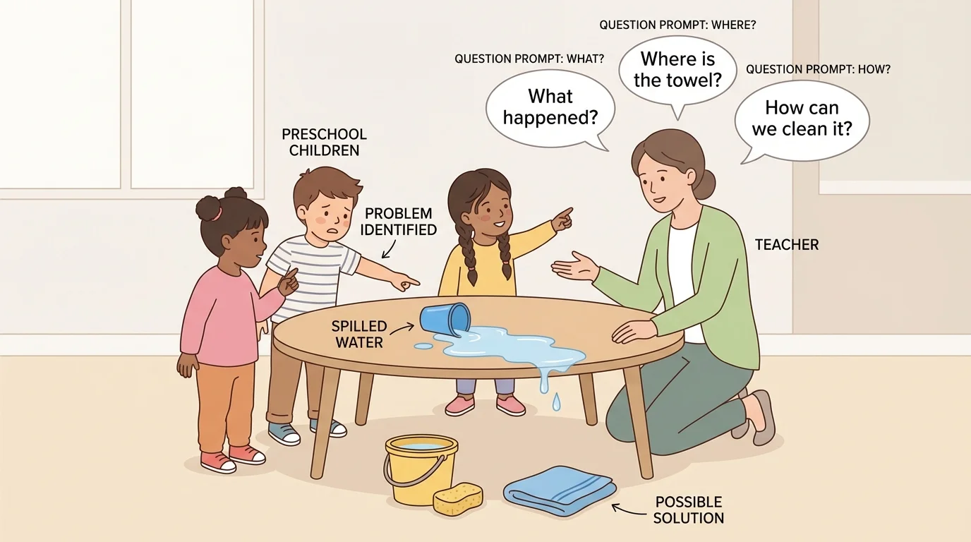 preschool children around a small table with a spilled cup of water, children pointing and teacher prompting simple what, where, and how questions
