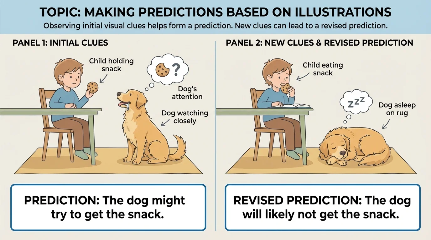 two-panel story scene, first panel child holding a snack while an awake dog watches closely, second panel dog asleep on rug while child eats snack, showing a prediction changing with new clues