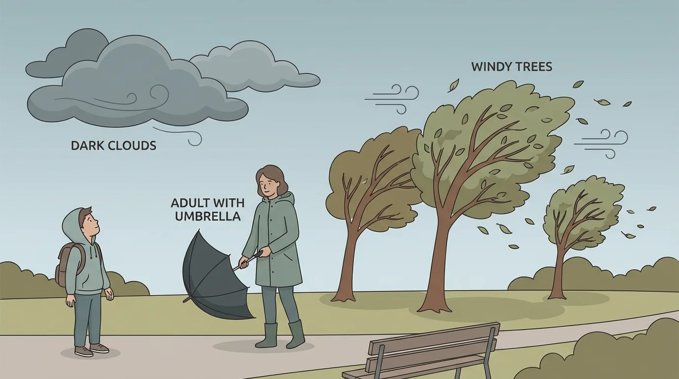 child in a park looking up at dark clouds, no umbrella in hand, nearby adult holding an umbrella, windy trees, simple storybook scene showing clues that it may rain