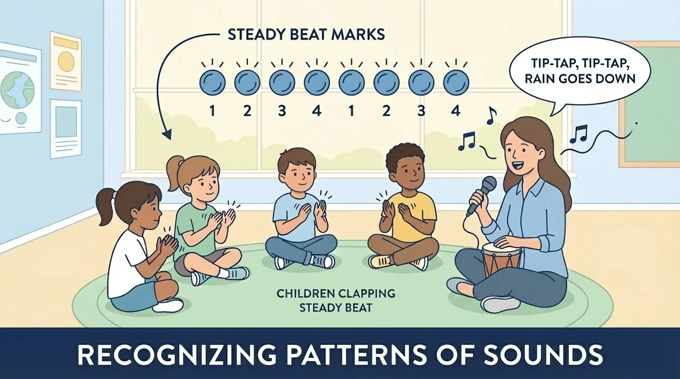 Children in a circle clapping a steady beat while a teacher sings a repeating line, with simple beat marks above