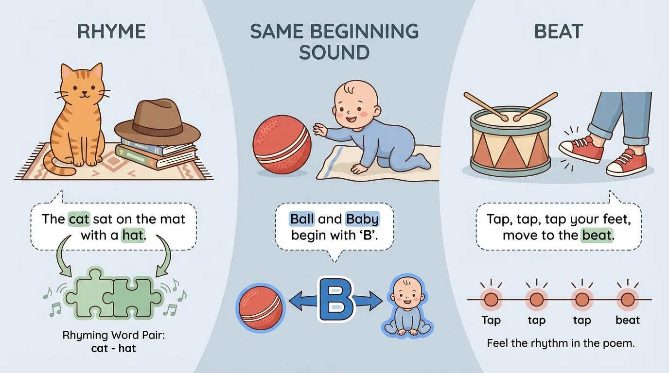 Three pairs of objects for sound play: cat-hat for rhyme, ball-baby for same beginning sound, and drum-feet for beat in a short poem