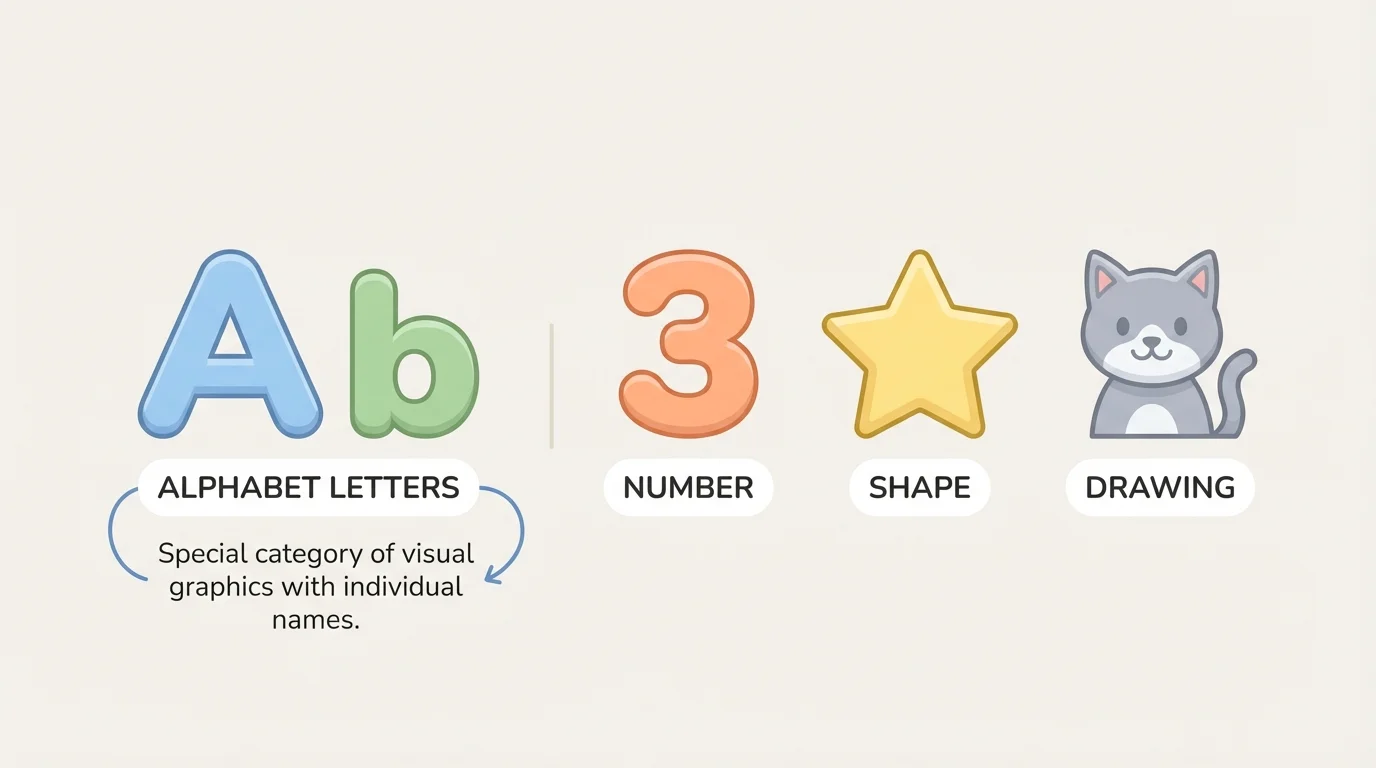 child-friendly comparison of uppercase A, lowercase b, number 3, star shape, and simple cat drawing, with the two letters grouped together as alphabet letters