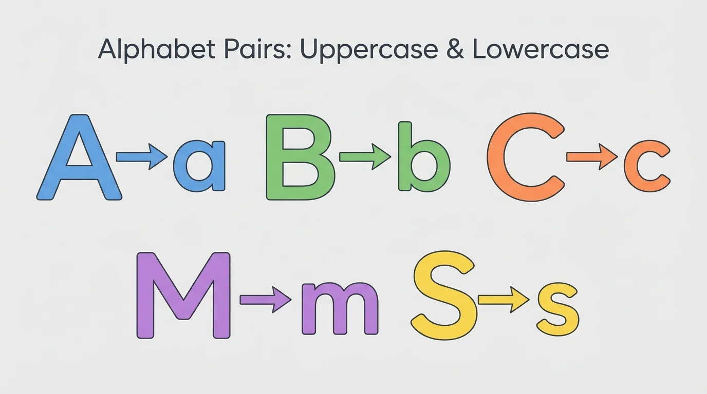 matching uppercase and lowercase pairs A-a, B-b, C-c, M-m, and S-s with arrows linking each pair