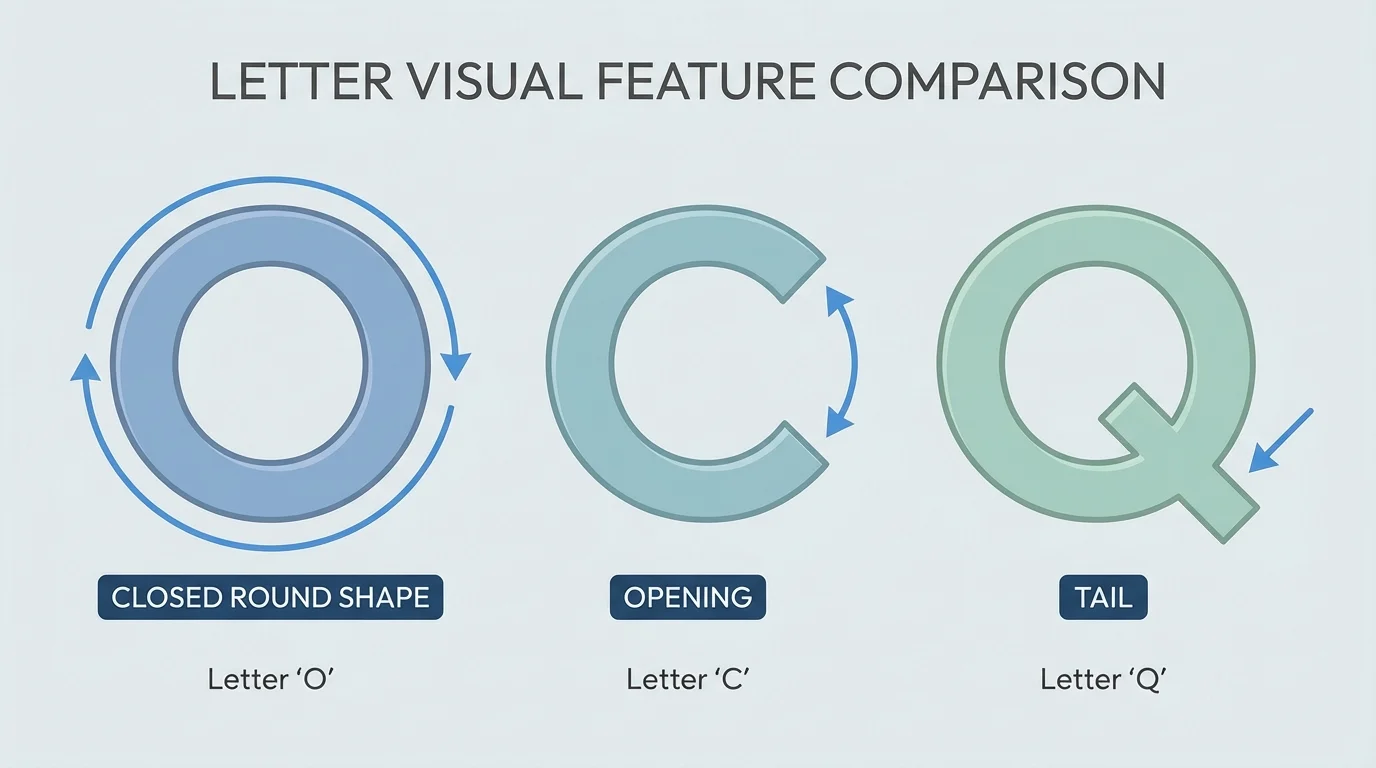 simple labeled comparison of O, C, and Q, highlighting a closed round shape, an opening, and a tail