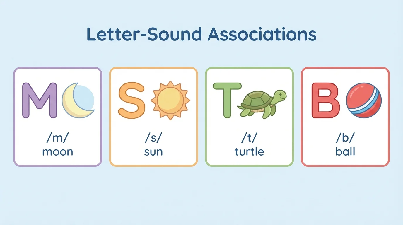 Child-friendly chart with letters M, S, T, B next to moon, sun, turtle, ball