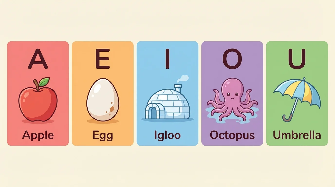 Five vowels A E I O U with apple, egg, igloo, octopus, umbrella pictures