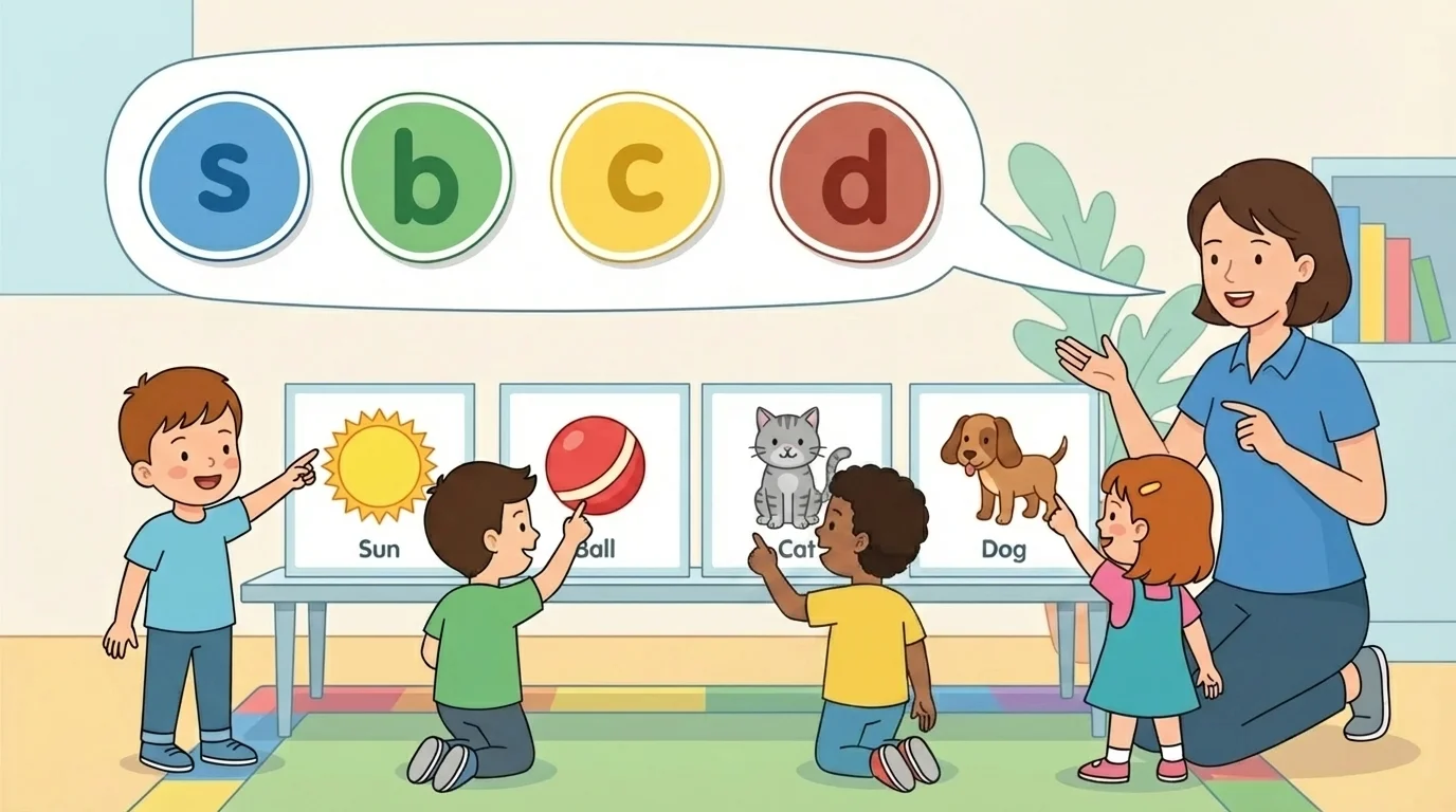 Children pointing to pictures of sun, ball, cat, and dog while an adult says the words, with simple speech bubbles showing the starting letters s, b, c, d