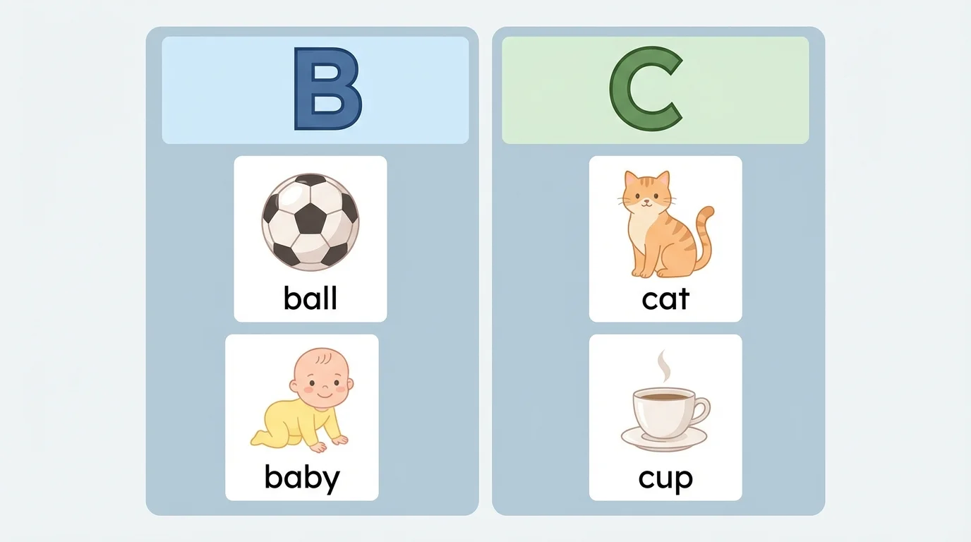 Sorting mat with large letter B above pictures of ball and baby, and large letter C above pictures of cat and cup