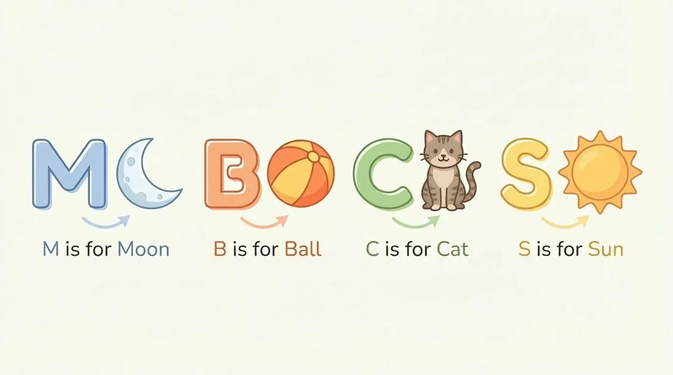 Large clear letters M, B, C, and S each matched to one familiar picture: moon, ball, cat, sun