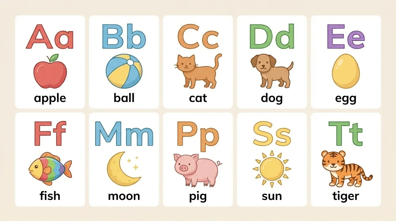 Uppercase and lowercase A, B, C, M, S with simple pictures apple, ball, cat, moon, sun