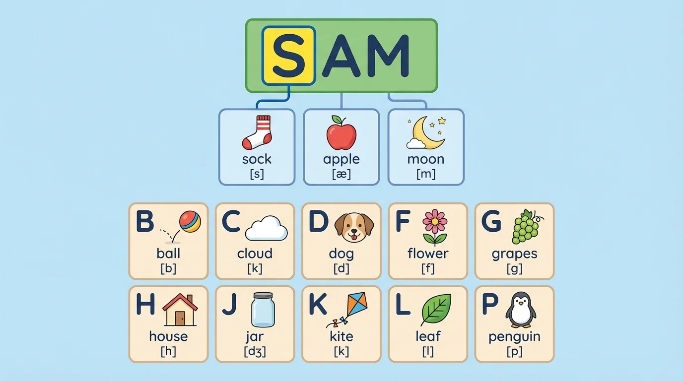 Name card showing the name SAM with S highlighted and simple matching pictures sock, apple, moon