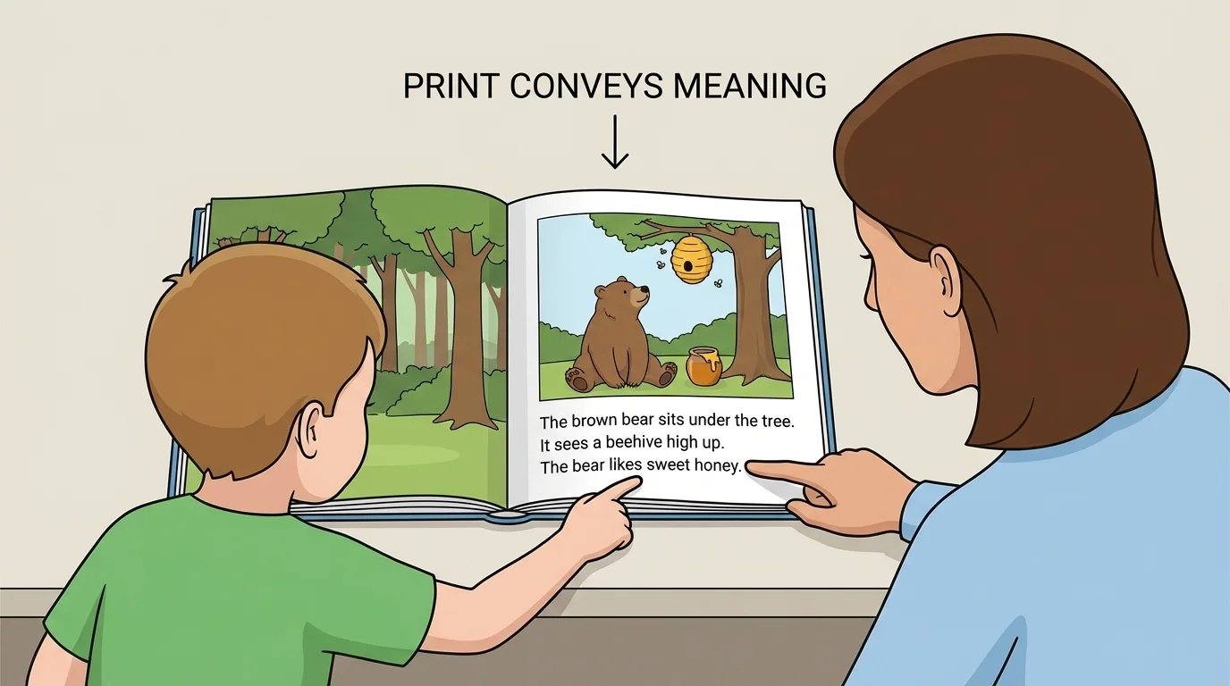 adult and child reading a picture book, finger under each line of print, picture above text