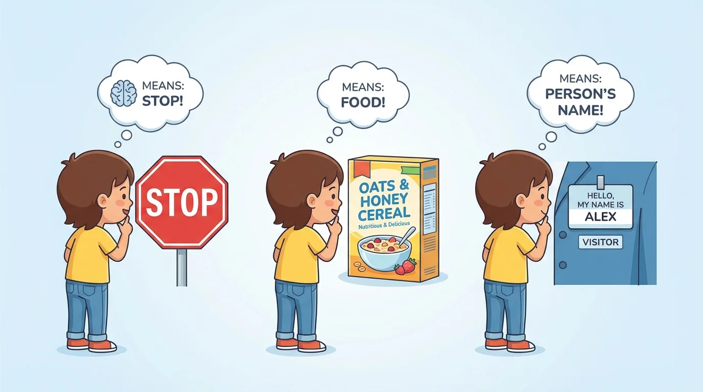 child noticing a stop sign, cereal box label, and name tag, each with clear print carrying meaning
