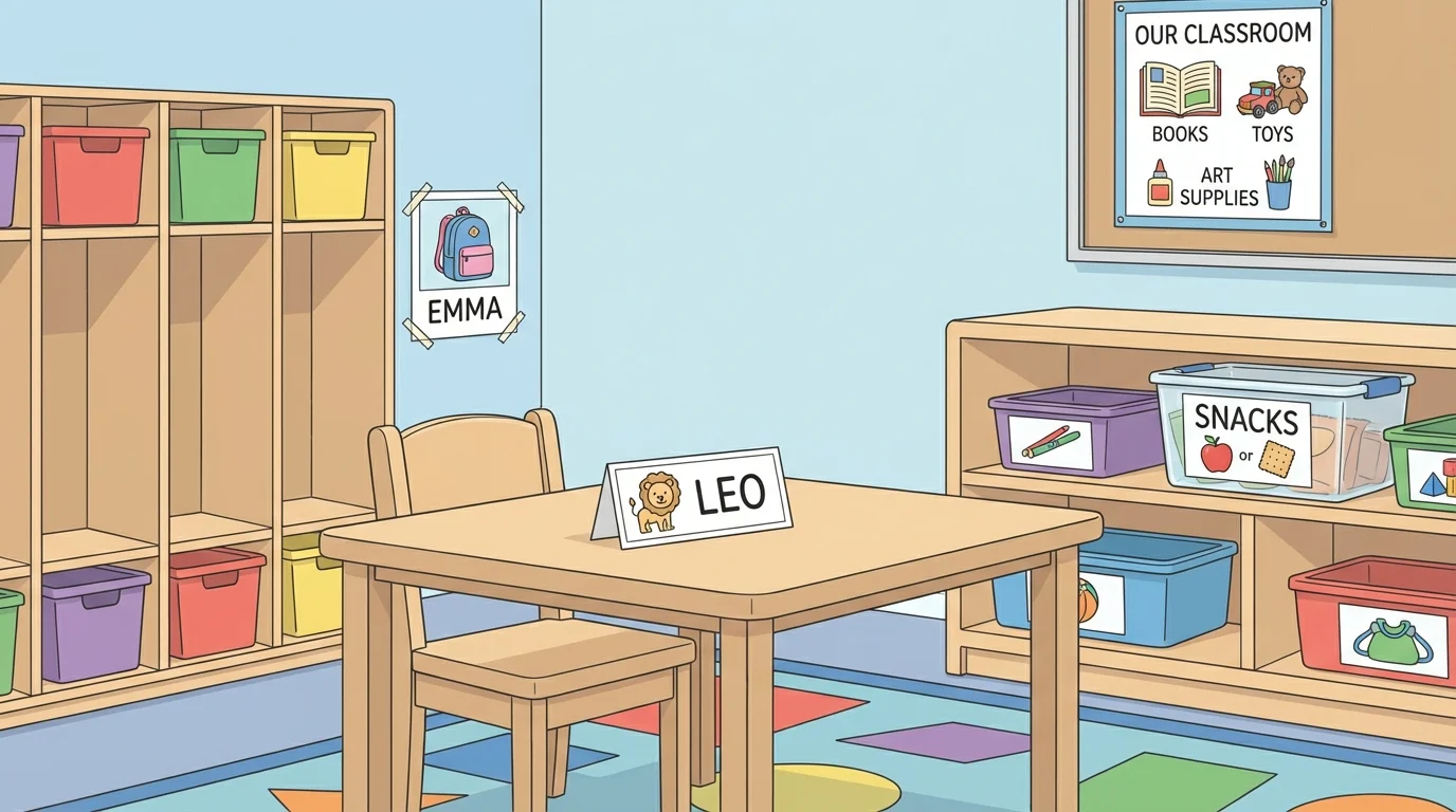 preschool classroom with printed name on cubby, name card on table, and labeled snack bin