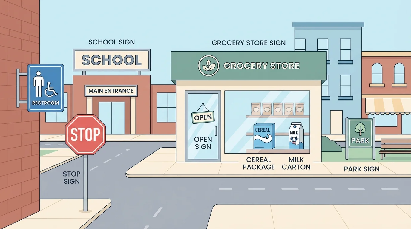 simple neighborhood and store scene with a stop sign, restroom sign, school sign, and familiar logo-style package shapes with clear simple print areas