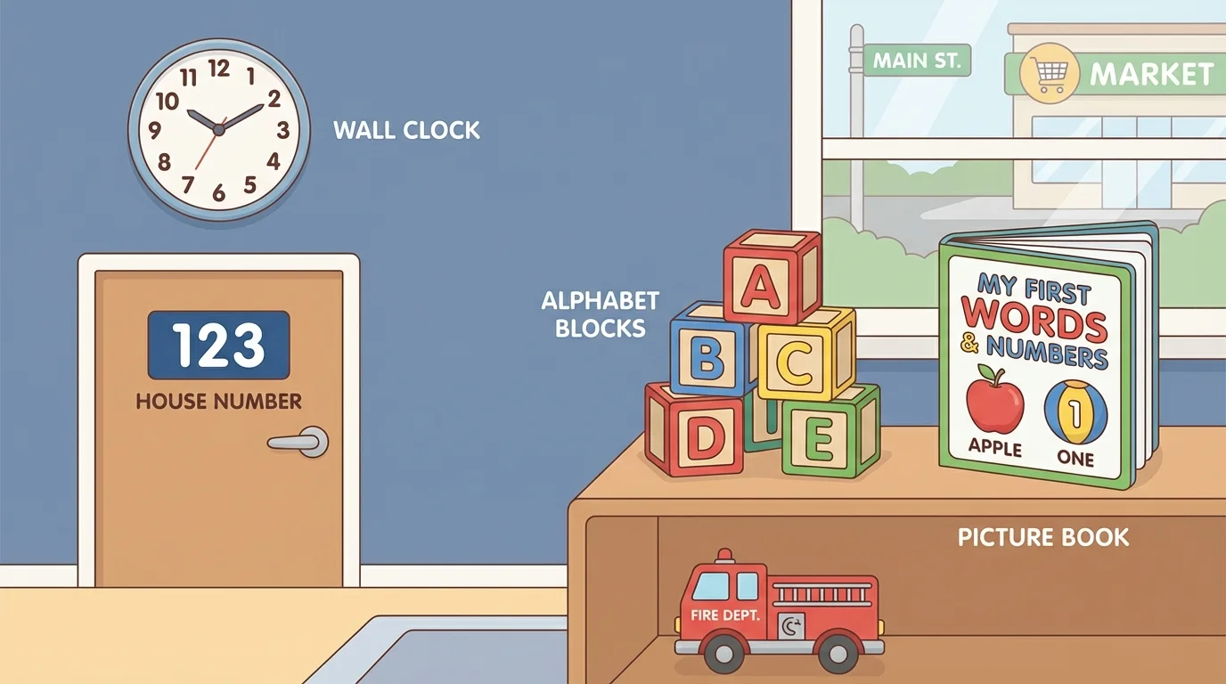 child-friendly scene with a wall clock, house number on a door, alphabet blocks, and a picture book cover showing simple visible letters and numbers