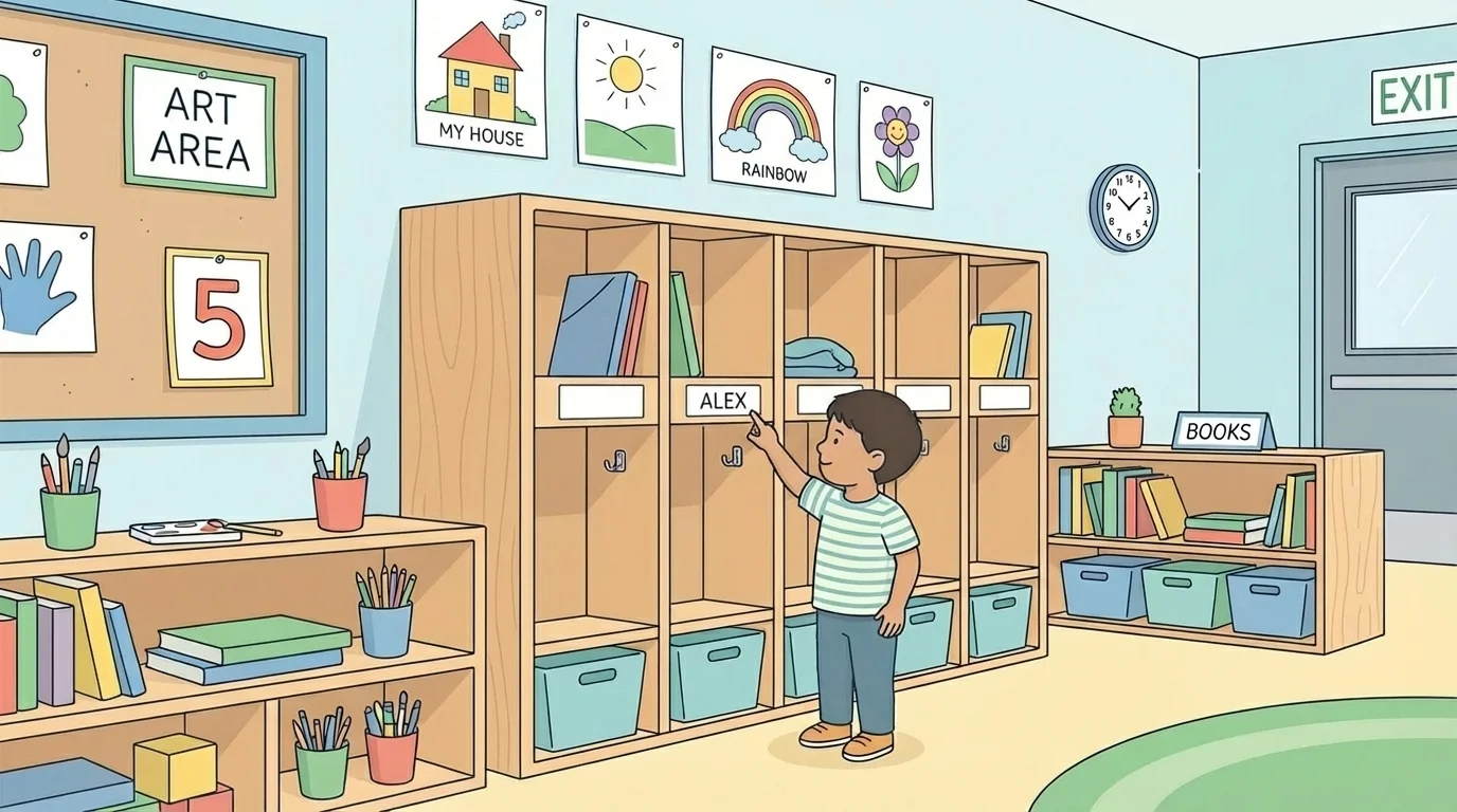 preschool classroom with labeled cubbies and art papers, one child pointing to their own printed name label