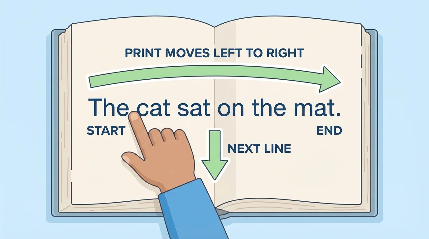 Child pointing to a simple sentence in an open book, arrow moving from the left side of the line to the right side