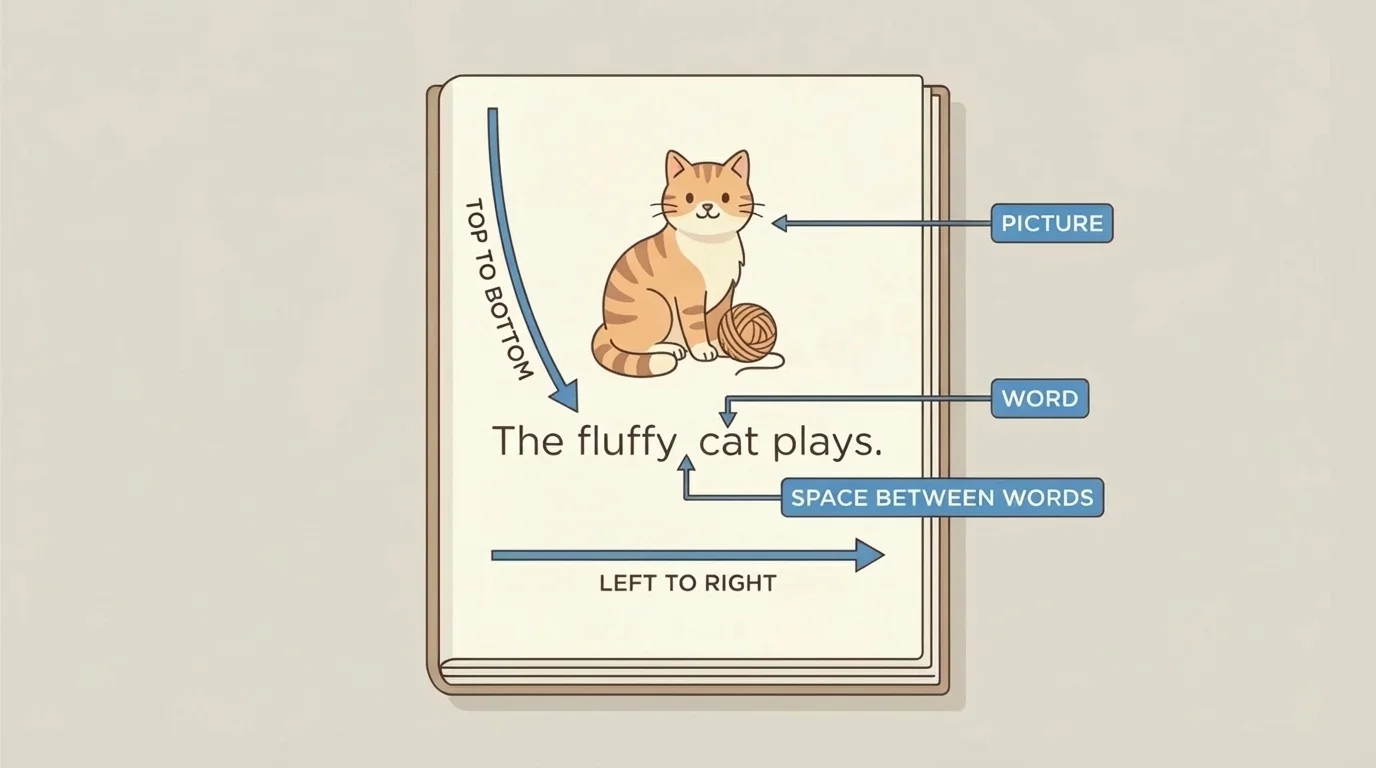 Simple book page with a picture of a cat on top and a short sentence below, with labels for picture, words, and spaces between words