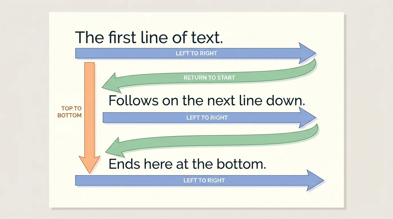 Page with three short lines of print and arrows showing reading from top line to lower lines, including return to the start of the next line