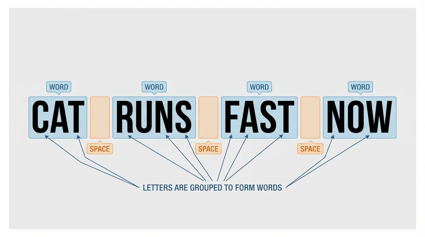 line of large print showing four separate words with letters grouped together and spaces clearly marked between the words