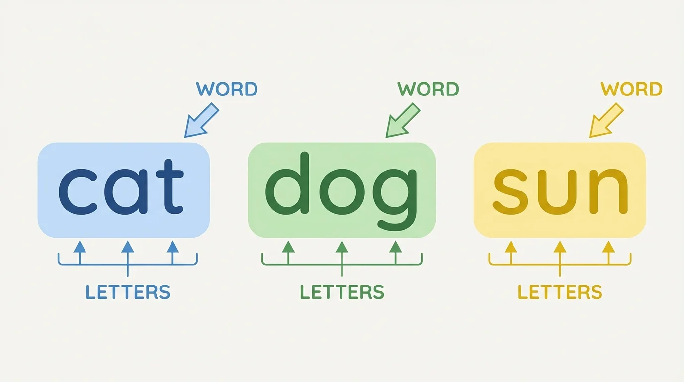 labeled illustration of three simple printed words cat, dog, and sun, each shown as one grouped set of letters