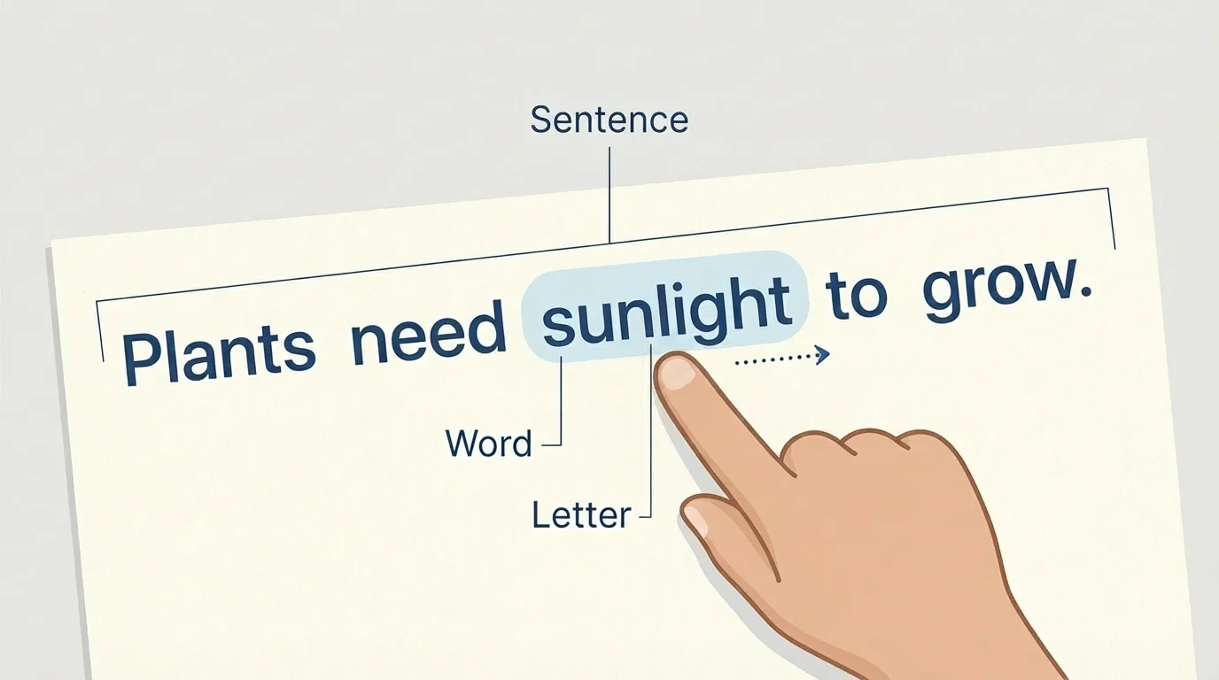 child's finger tracking a short printed sentence from left to right, one word at a time