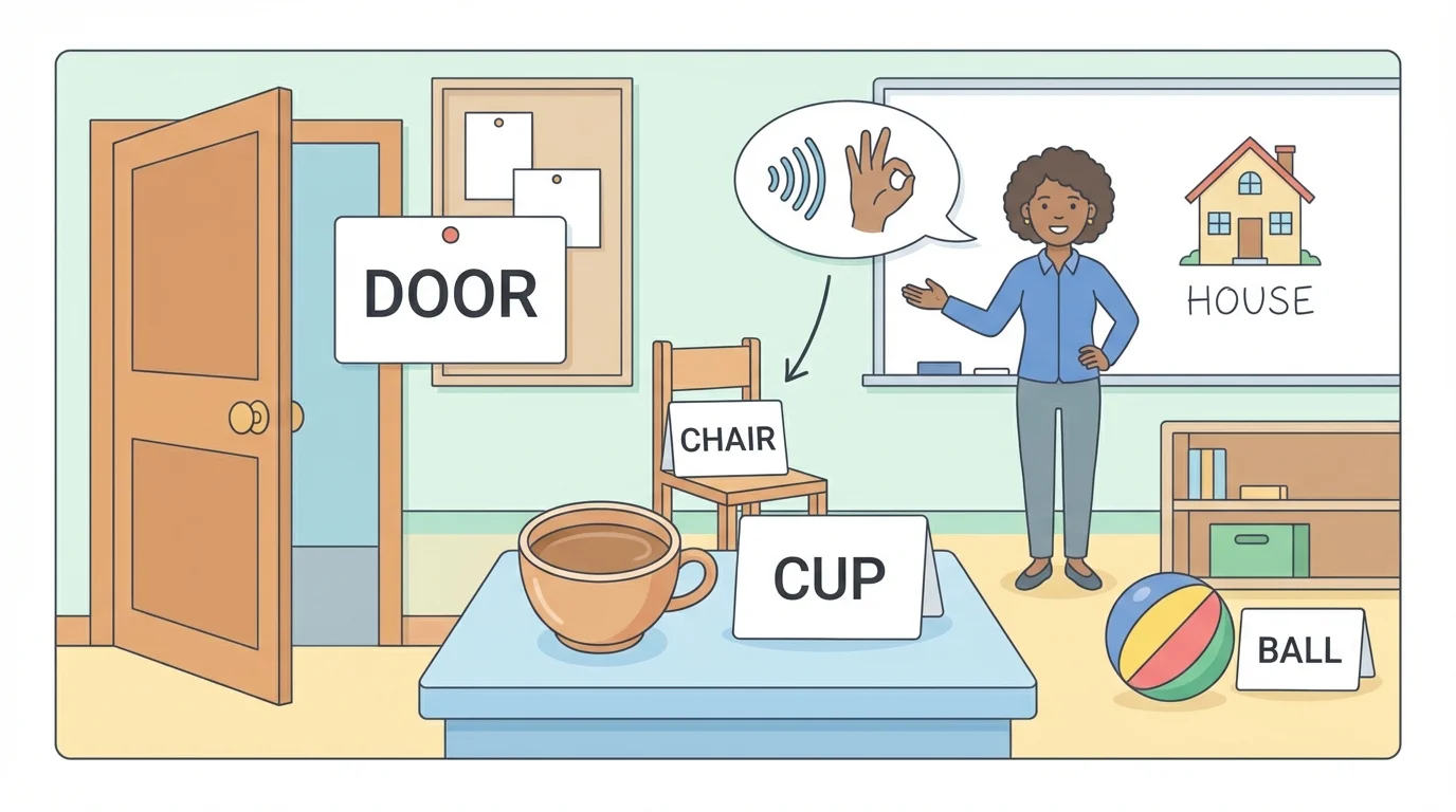 classroom scene with labeled objects such as door, cup, and ball, with simple printed word cards near each object
