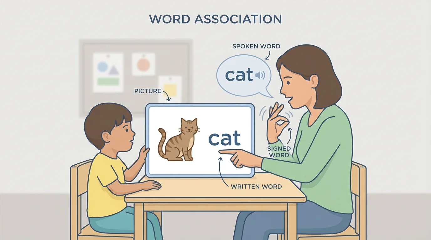 child and teacher looking at a card with the word cat, teacher pointing to the printed word while saying and signing cat