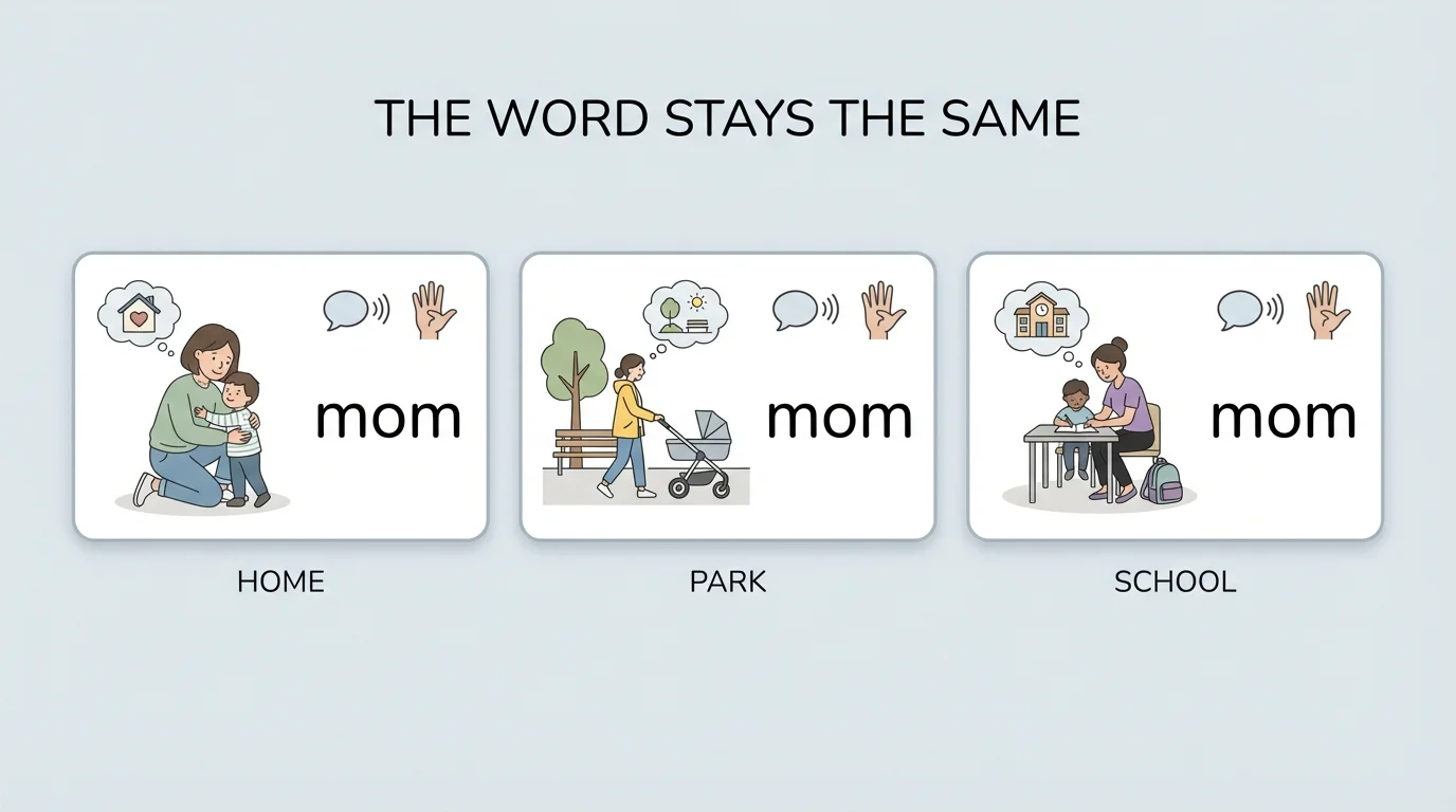 three simple cards each showing the same word mom next to matching picture cues to show the word stays the same in different places