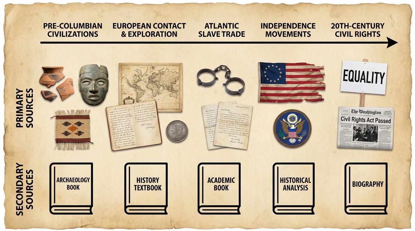 A horizontal timeline labeled with events: Pre-Columbian civilizations, European contact, Atlantic slave trade, Independence movements, 20th-century civil rights; under each event, small icons for primary sources like letters, artifacts, photos, and a book icon for secondary sources